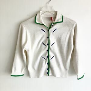 Vintage Styled By Schiaparelli Paris Sweater Top Collar Button White Green Blue